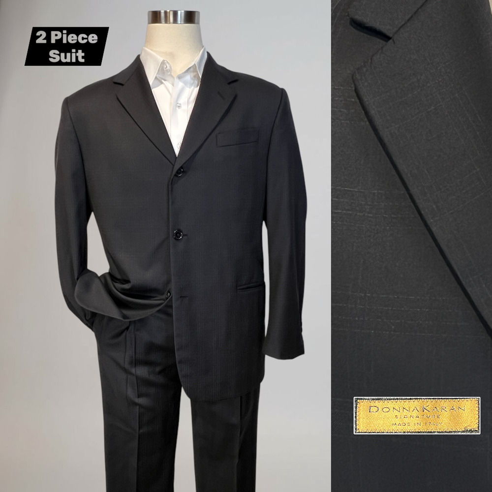 Vintage Donna Karan Italy 42R 34x28 Black Tonal Ghost Plaid Designer Suit